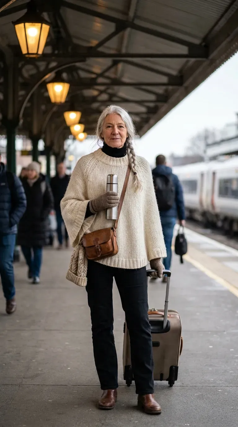 White woman in a cream knit poncho sweater and black jeans on a train platform
