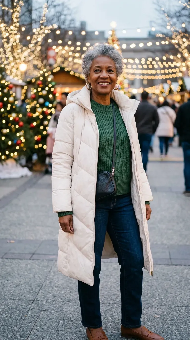 Woman over 50 in cream puffer coat, green knit and flat loafers at a Christmas lights display