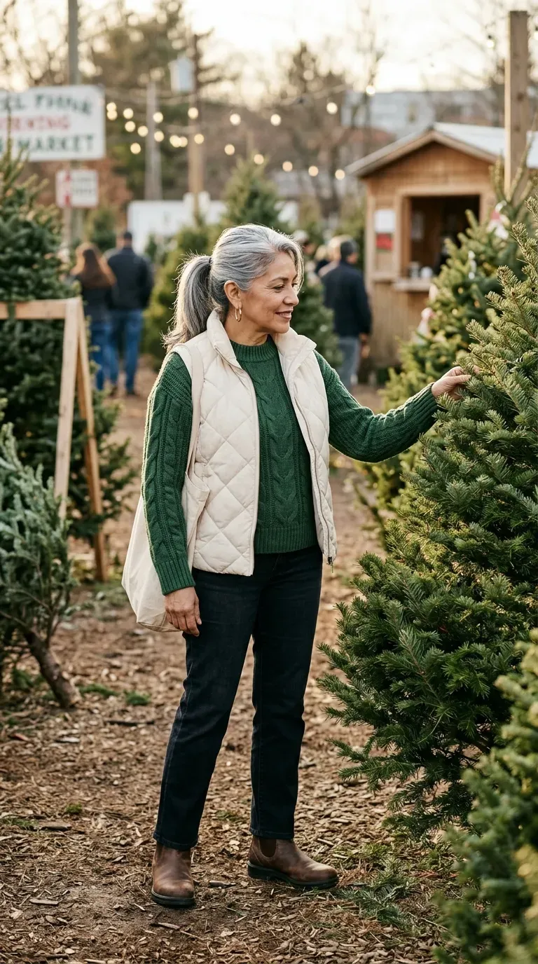 Woman over 50 in cream puffer vest, green sweater and dark jeans at a Christmas tree lot