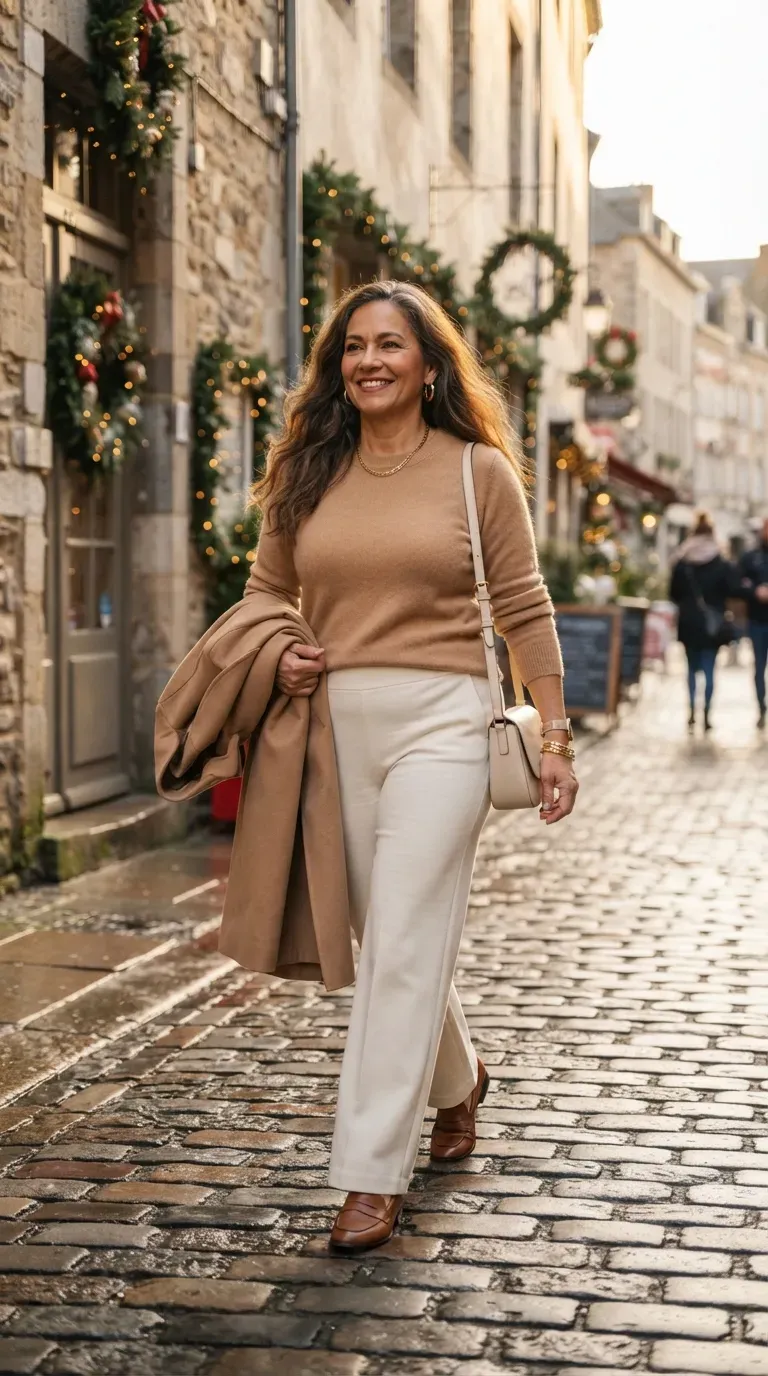 Latina plus-size woman in cream wide-leg trousers and a camel sweater on a cobbled street