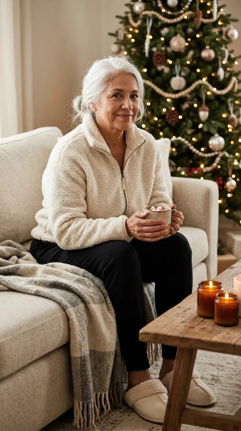 Woman over 50 in cream sherpa jacket, black knit joggers and slippers for a Christmas movie night