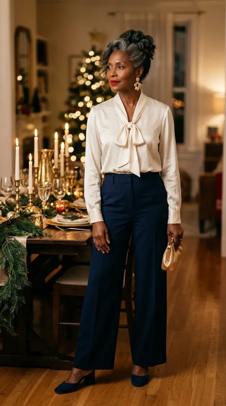 Woman over 50 in cream silk blouse and navy trousers at an elegant Christmas dinner