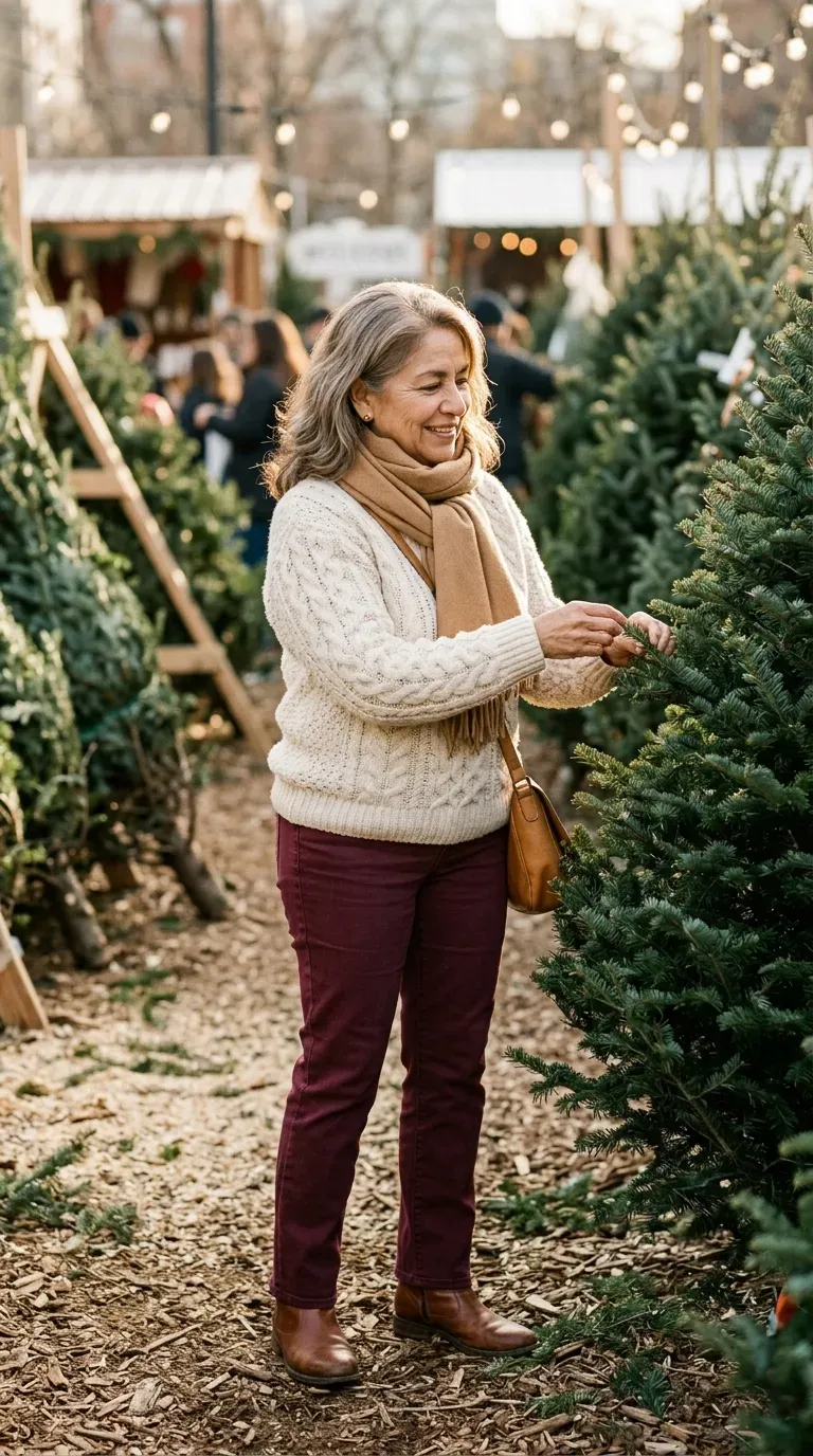 Woman over 50 in cream sweater, burgundy jeans and brown boots at a Christmas tree farm