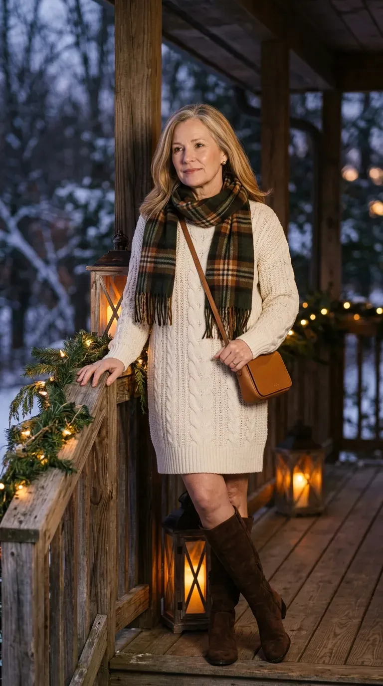 Woman over 50 in cream sweater dress and chocolate suede boots on a lantern-lit porch
