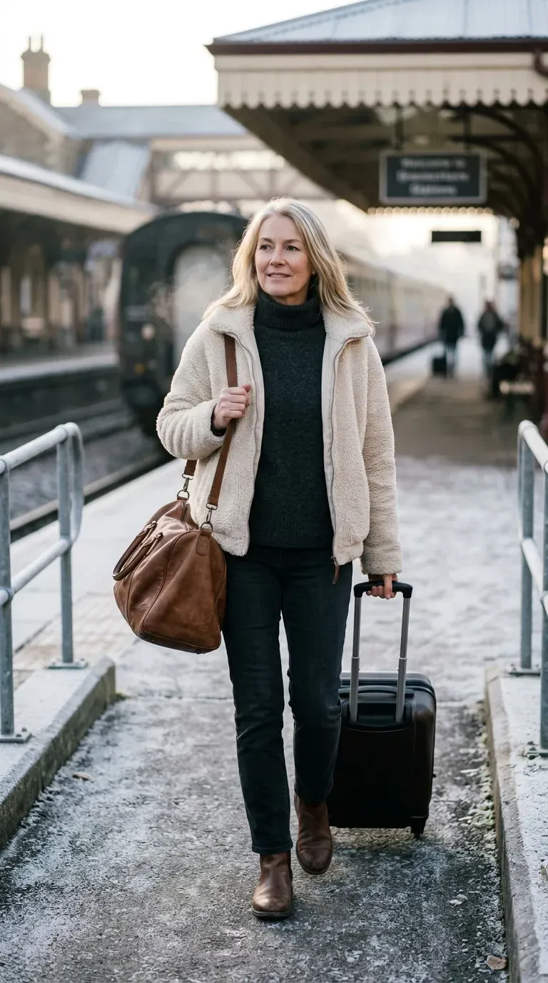 Woman over 50 in cream sweater dress and chocolate suede boots on a porch