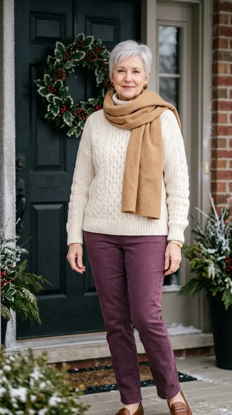 Woman over 50 in cream sweater, plum jeans and brown loafers for a Christmas card photo