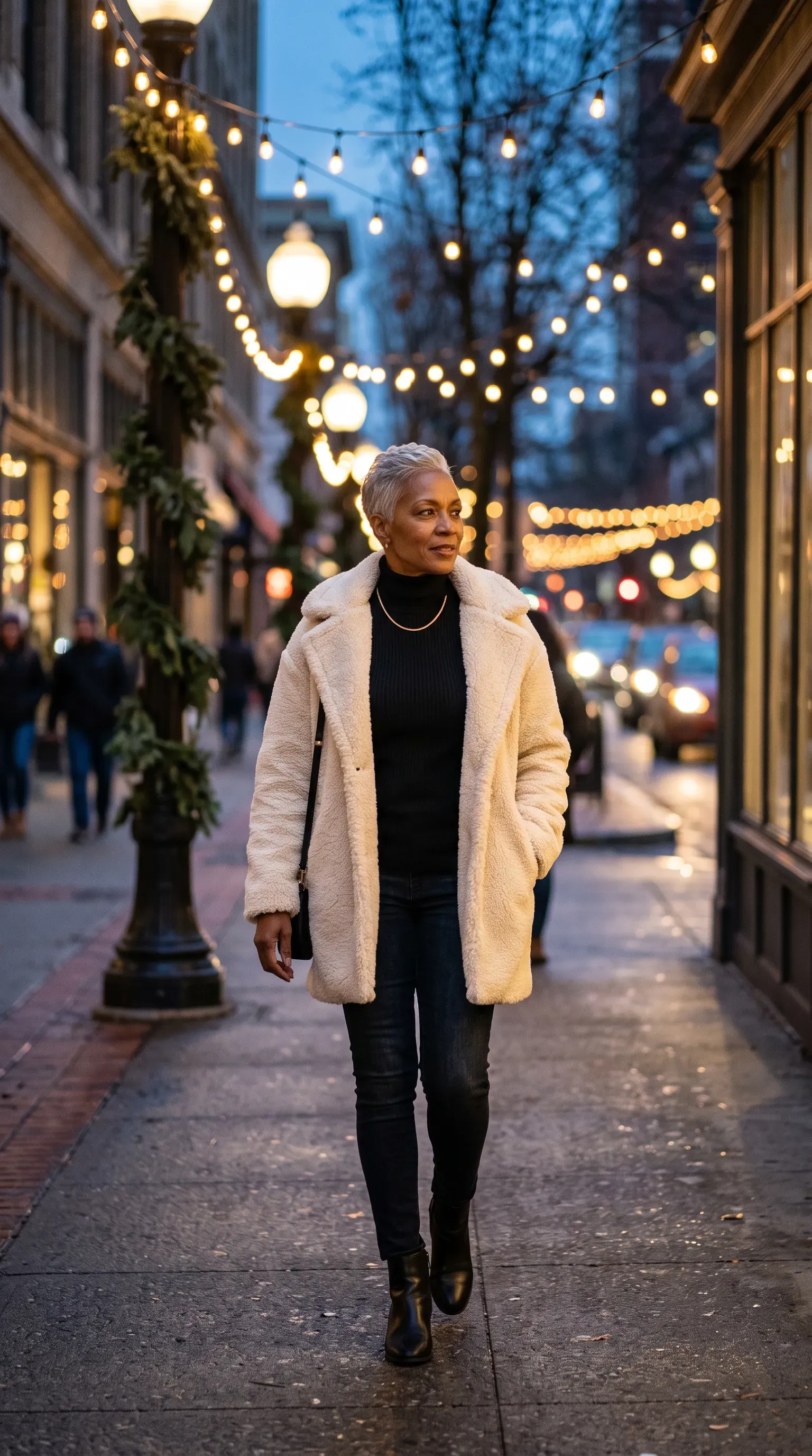 Woman in cream teddy coat and black turtleneck on a Christmas-lit street