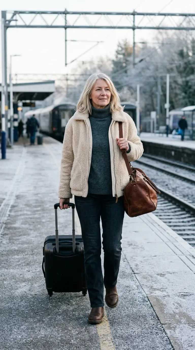 Woman over 50 in cream teddy jacket, dark jeans and Chelsea boots at a frosty train station