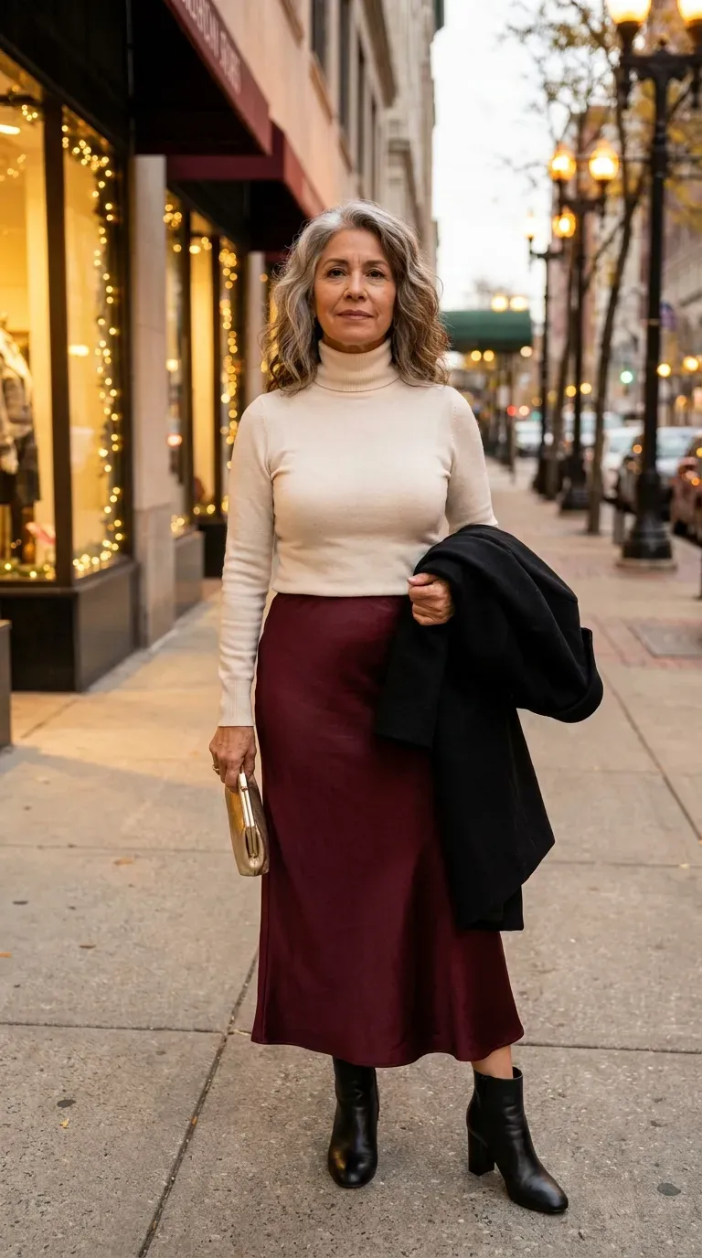 Latina woman in a cream turtleneck sweater and burgundy satin midi skirt on a city sidewalk at dusk