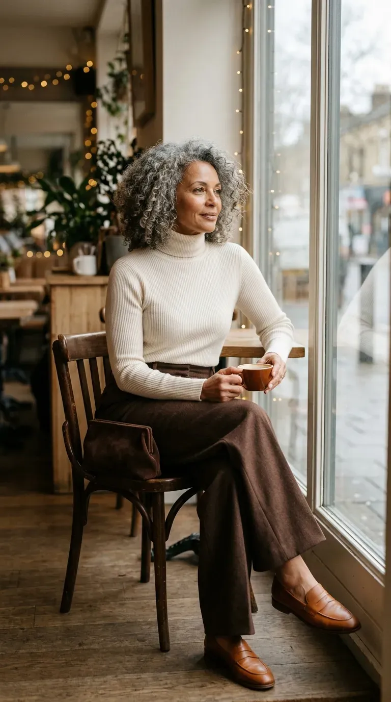 Woman over 50 wearing cream turtleneck and wide-leg chocolate brown trousers in a festive café