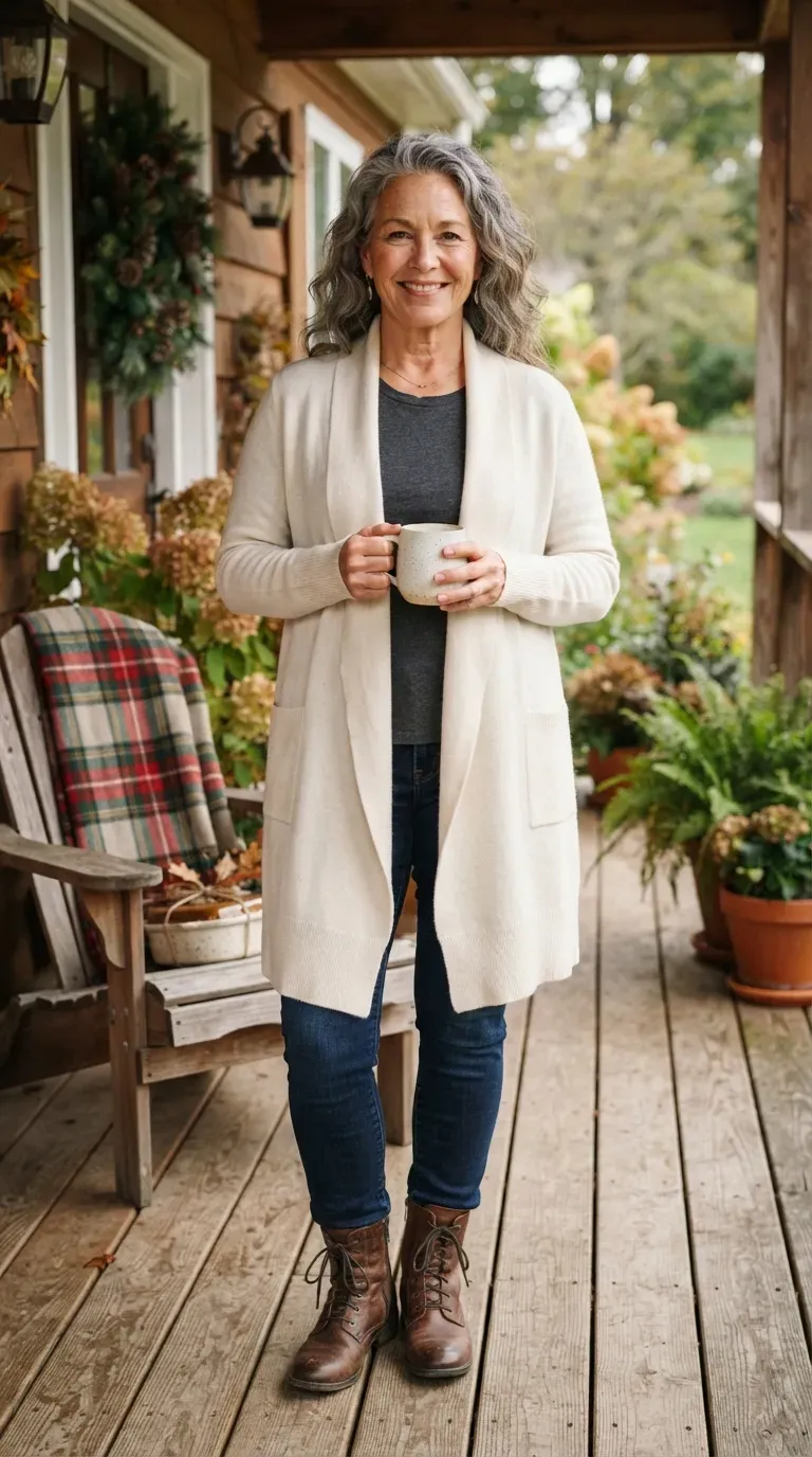 White plus-size woman in a long cream cardigan and dark jeans on a decorated porch