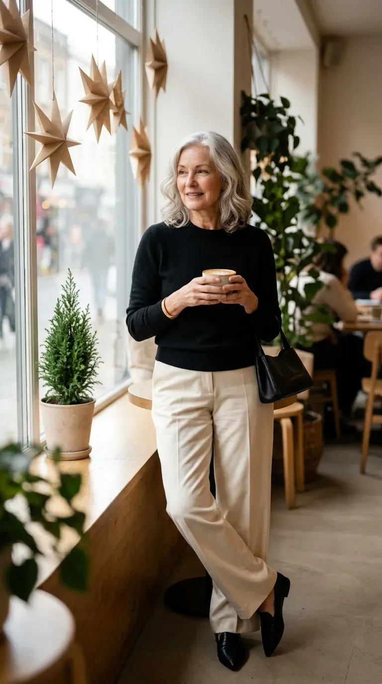 Woman over 50 in cream wide-leg trousers and black cashmere sweater in a bright cafe