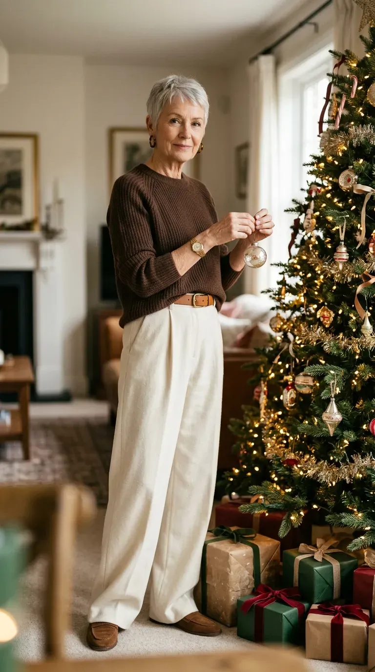 Woman over 50 in cream wide-leg trousers and chocolate sweater beside a Christmas tree