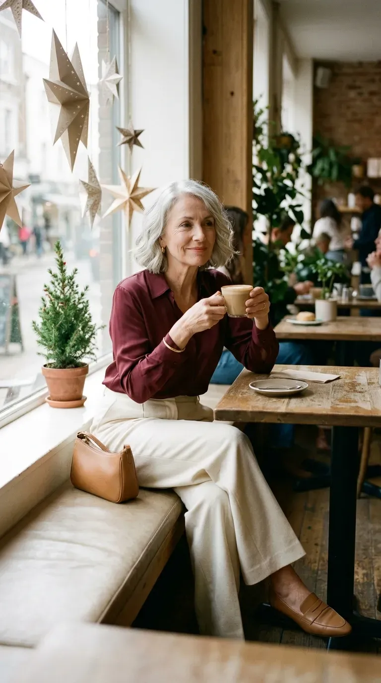 Woman over 50 in cream wide-leg trousers and burgundy silk blouse at a bright holiday cafe
