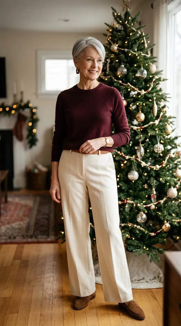 Woman over 50 in cream wide-leg trousers, burgundy sweater and brown boots for a Christmas card
