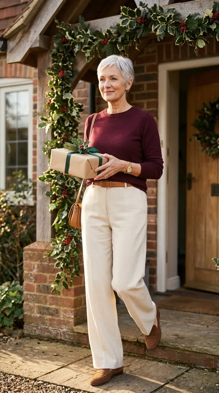 Woman over 50 in cream wide-leg trousers and burgundy sweater at a Christmas family visit