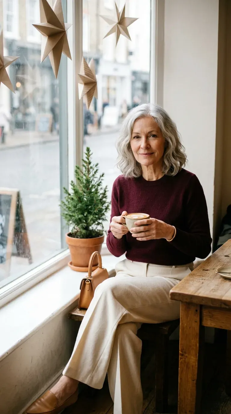 Woman over 50 in cream wide-leg trousers and burgundy sweater in a bright holiday cafe