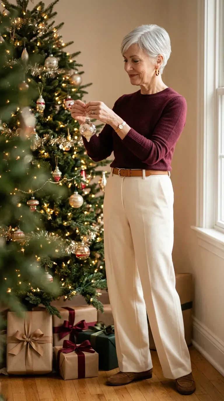 Woman over 50 in cream wide-leg trousers and burgundy sweater beside a Christmas tree