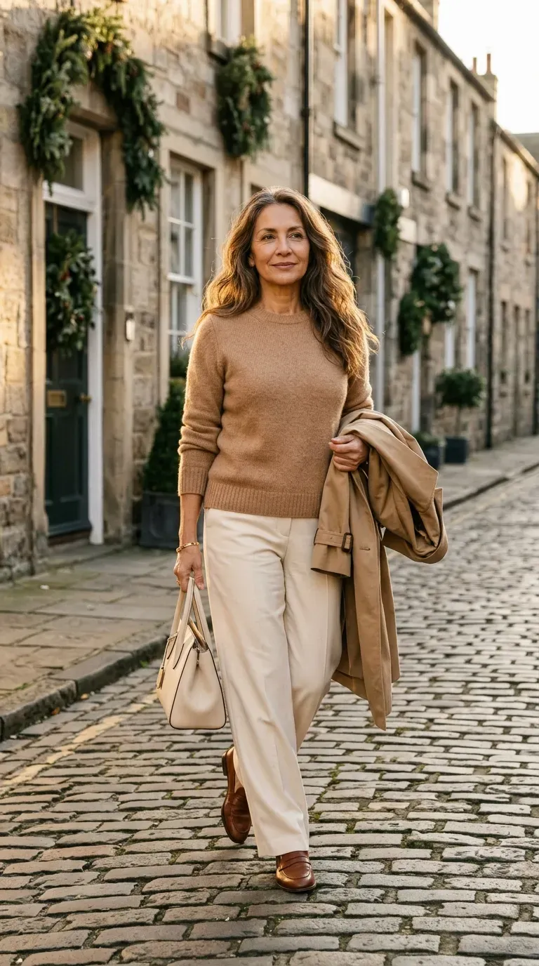 Woman in cream wide-leg trousers and camel sweater with loafers on a cobbled street
