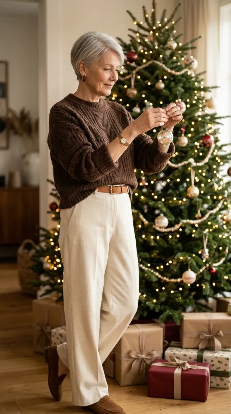 Woman over 50 in cream wide-leg trousers and chocolate sweater beside a Christmas tree