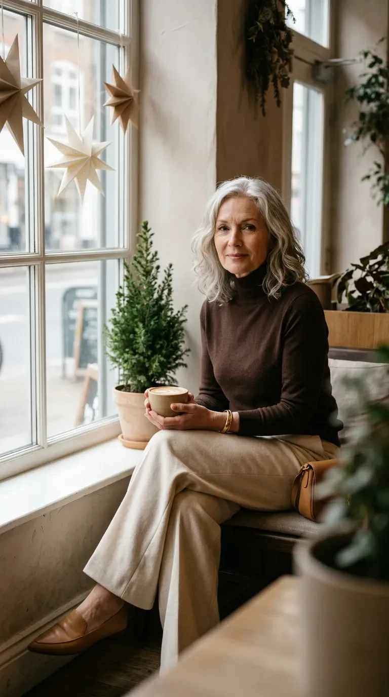 Woman over 50 in cream wide-leg trousers and chocolate turtleneck in a bright holiday cafe