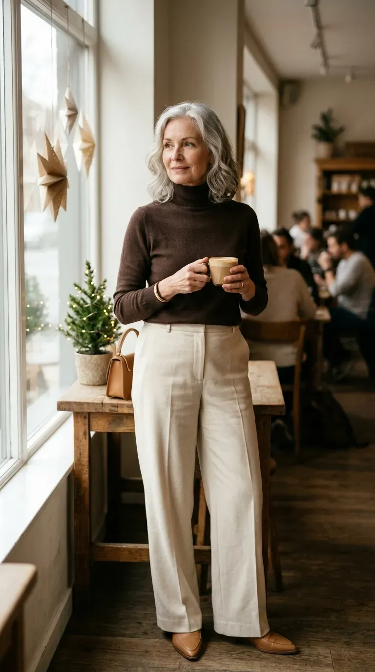 Woman over 50 in cream wide-leg trousers and chocolate turtleneck in a bright holiday cafe