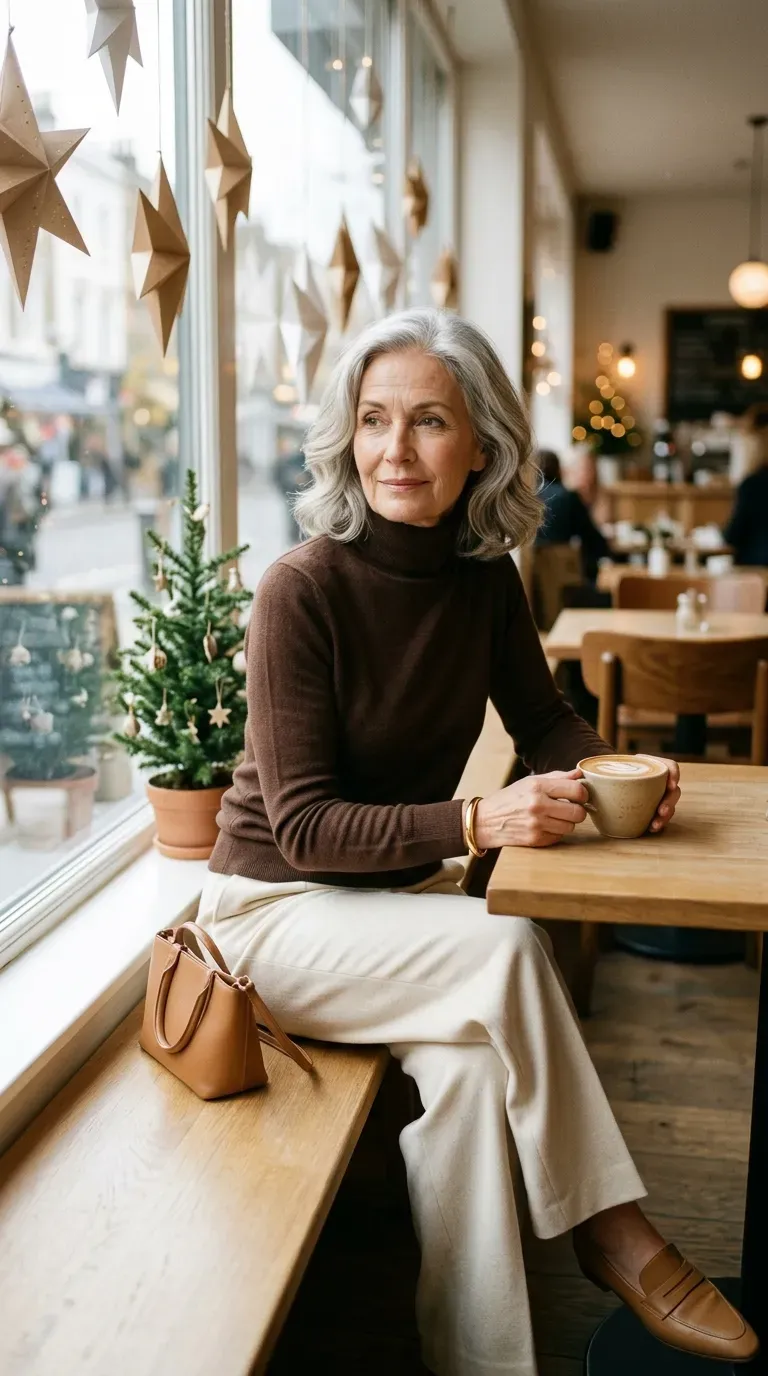 Woman over 50 in cream wide-leg trousers and chocolate turtleneck in a bright holiday cafe