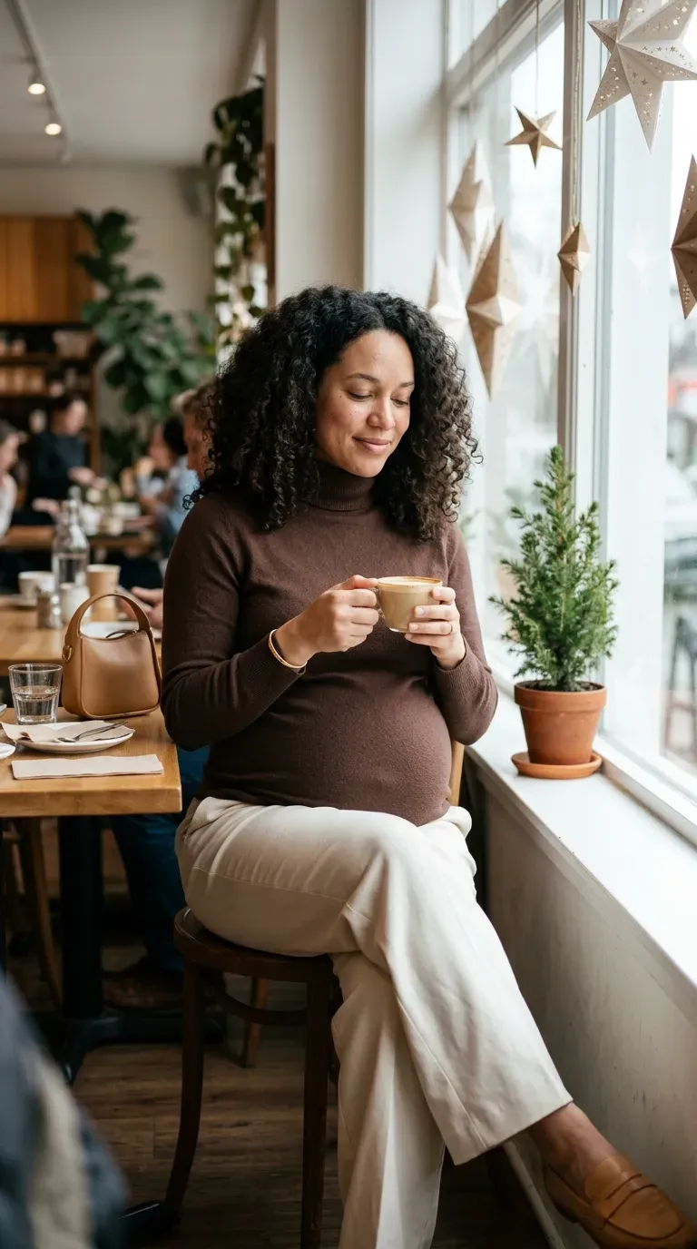 Pregnant woman in cream wide-leg trousers and chocolate turtleneck in a bright holiday cafe