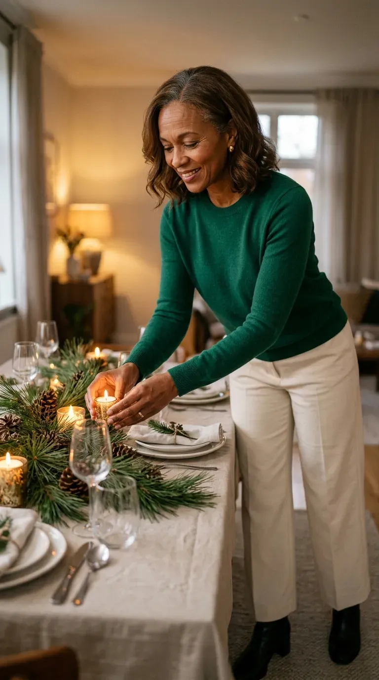Woman in cream wide-leg trousers and an emerald sweater setting a Christmas dining table