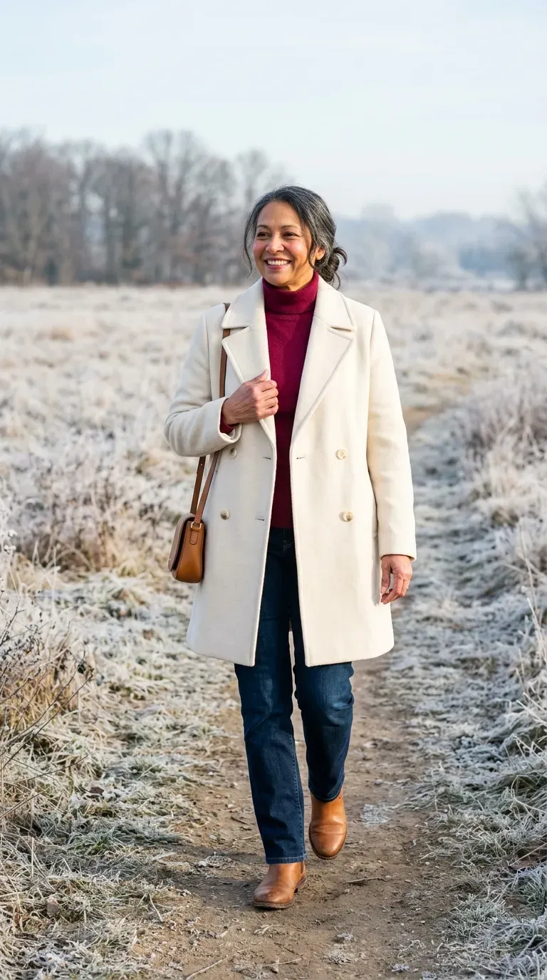 Woman over 50 in cream wool coat and berry turtleneck on a crisp Christmas Day walk