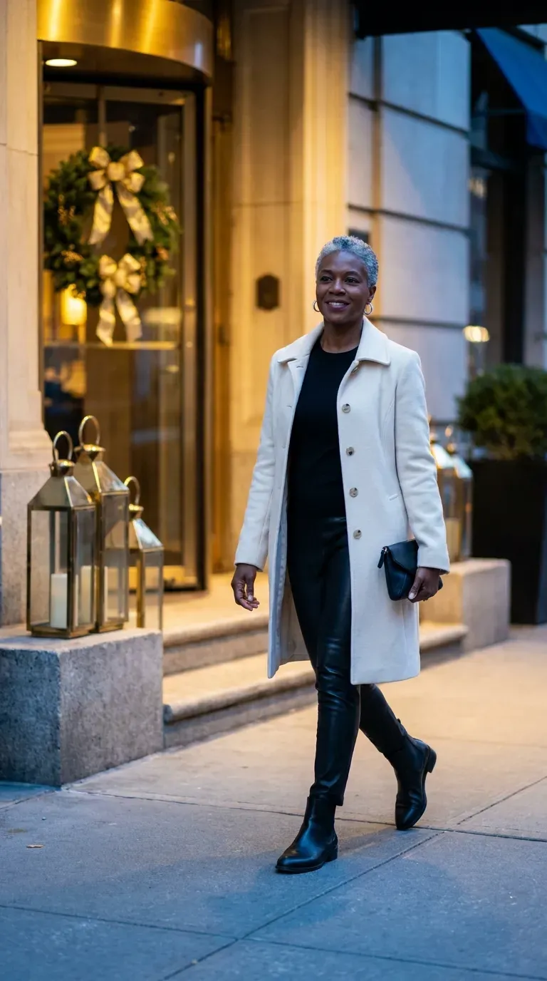 Woman in cream wool coat and black faux leather pants outside a decorated hotel