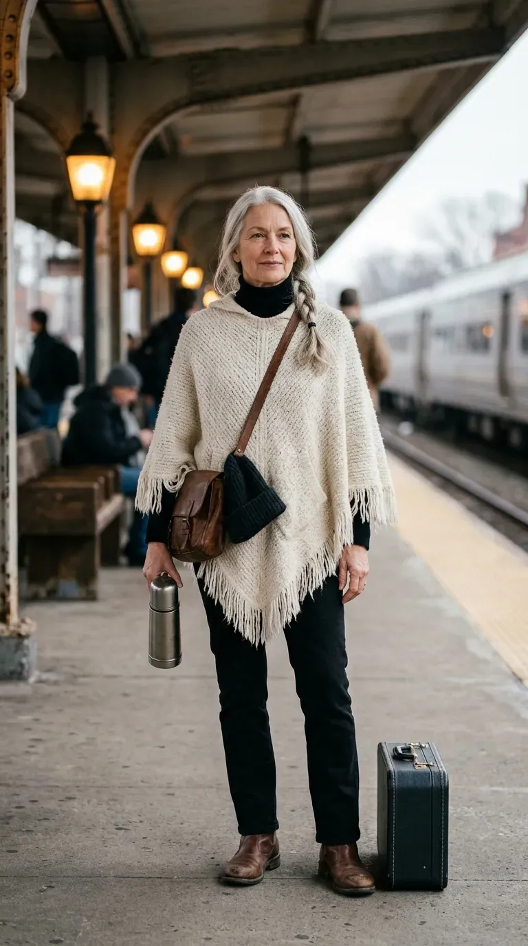 Woman in cream wool poncho and black jeans with a suitcase on a train platform