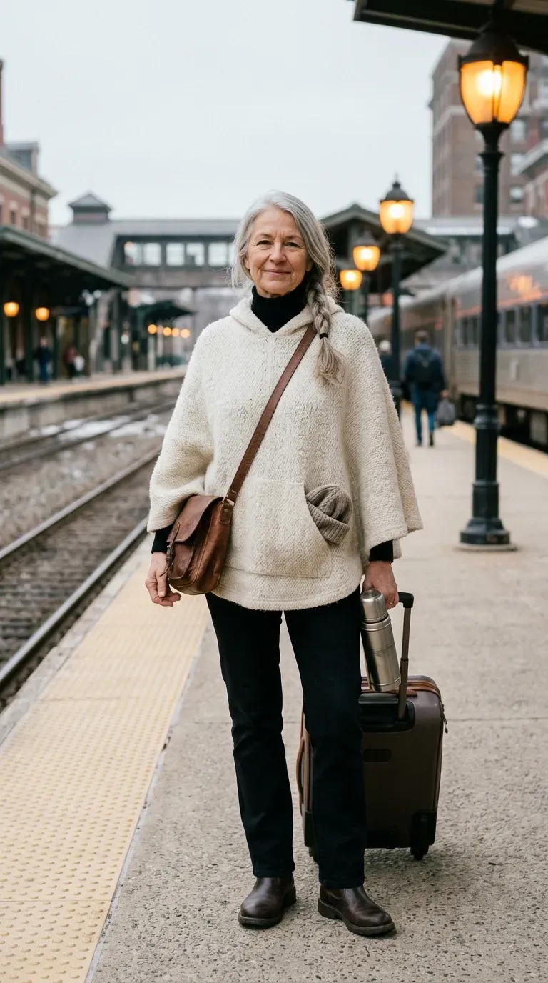 White woman in a cream wool poncho and black jeans with a suitcase on a train platform