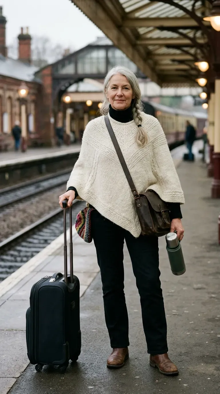 Woman in cream wool poncho and black jeans with boots at a train station platform