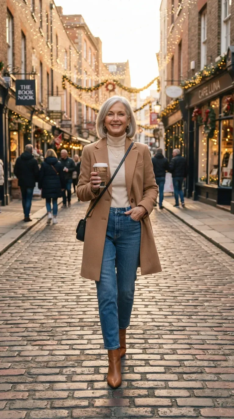 Petite woman over 50 in cropped camel coat, cream turtleneck and straight jeans on a festive street