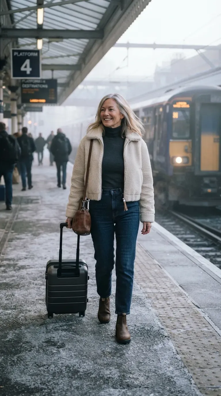 Petite woman over 50 in cropped cream teddy jacket, dark jeans and Chelsea boots at a train station