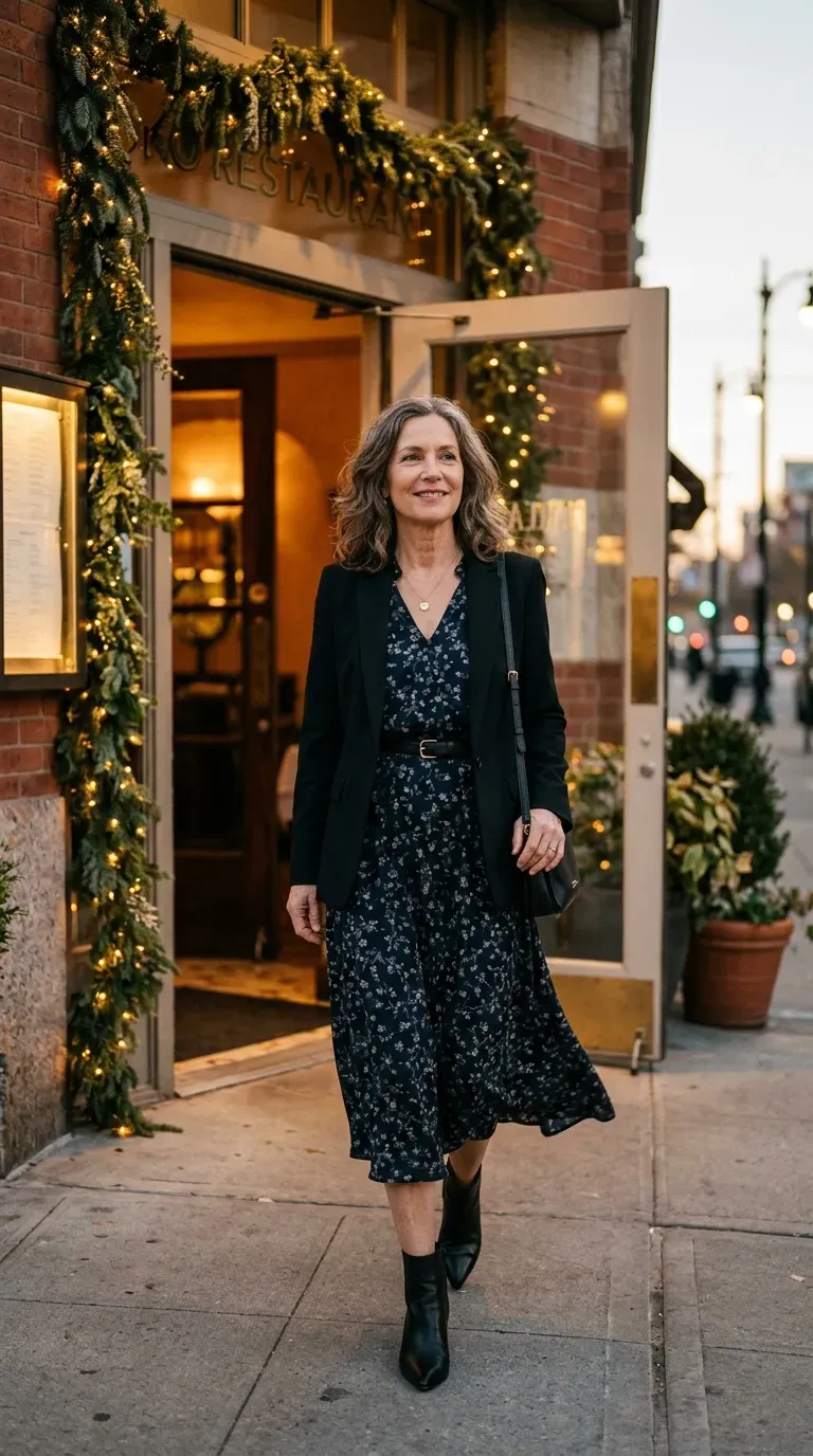 Woman over 50 in dark floral midi dress and black blazer at a Christmas date night