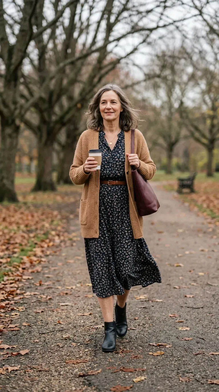 Woman over 50 in dark floral midi dress and camel cardigan walking a park path