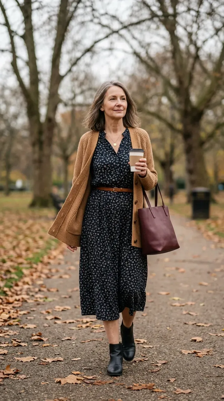 Woman over 50 in dark floral midi dress and camel cardigan walking a park path