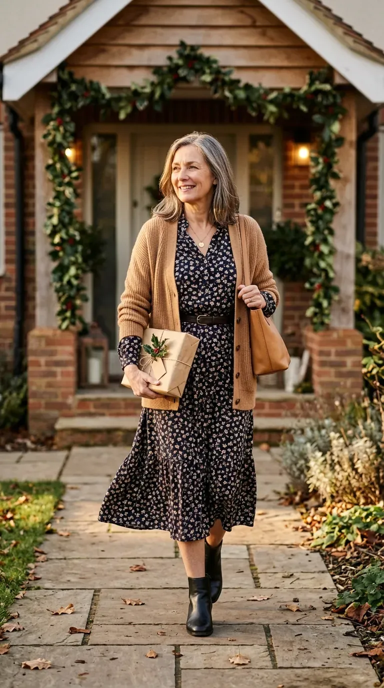 Woman over 50 in dark floral midi dress and camel cardigan at a Christmas family gathering