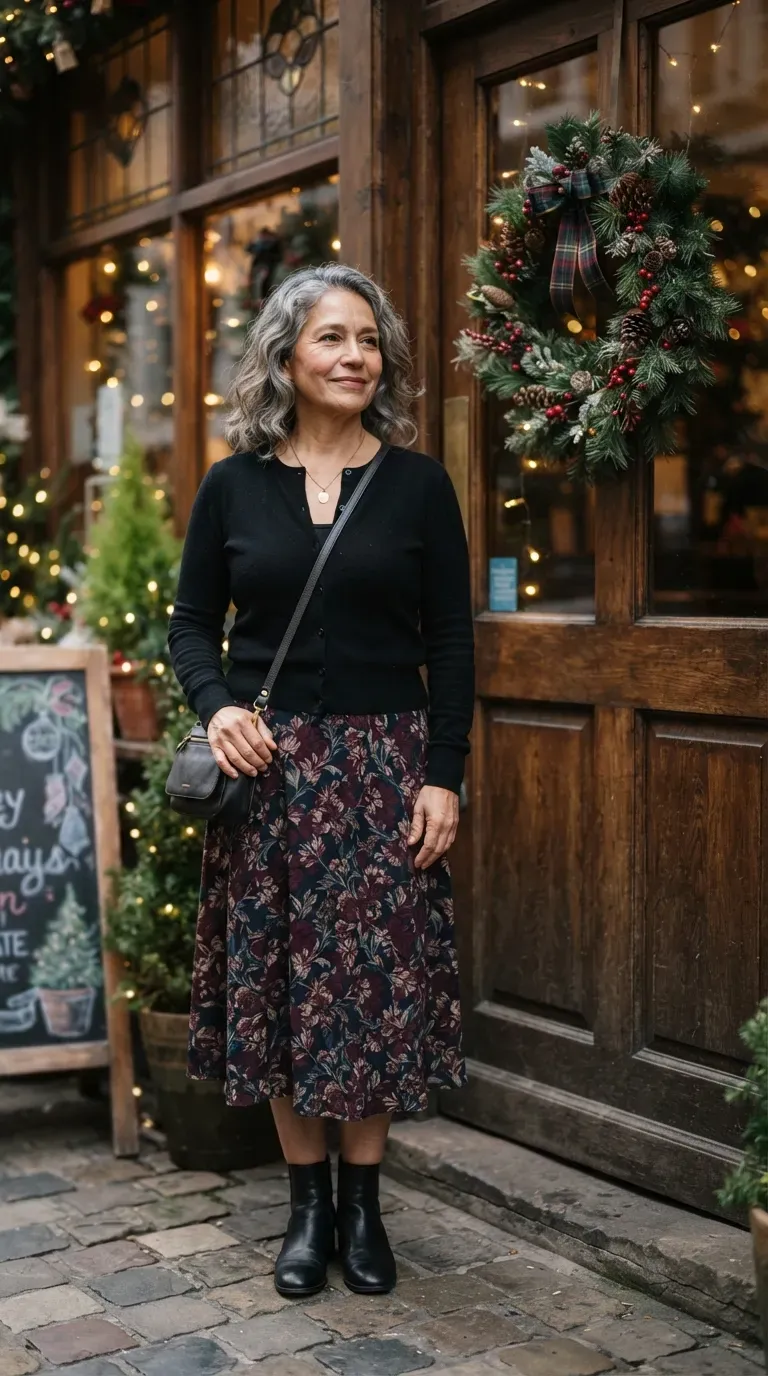 Woman over 50 in a dark floral midi skirt and black cardigan standing by a decorated cafe door