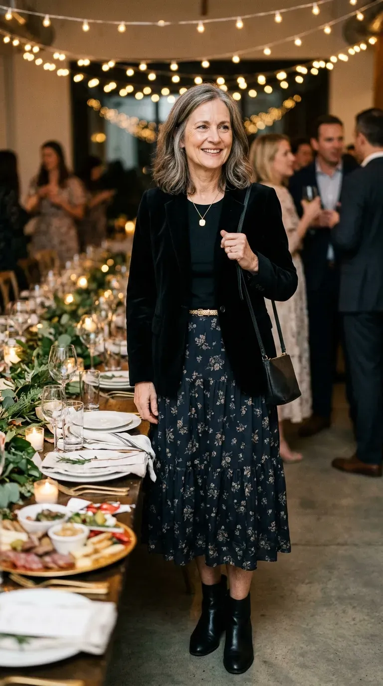Woman over 50 in dark floral tiered skirt and black velvet blazer at a party