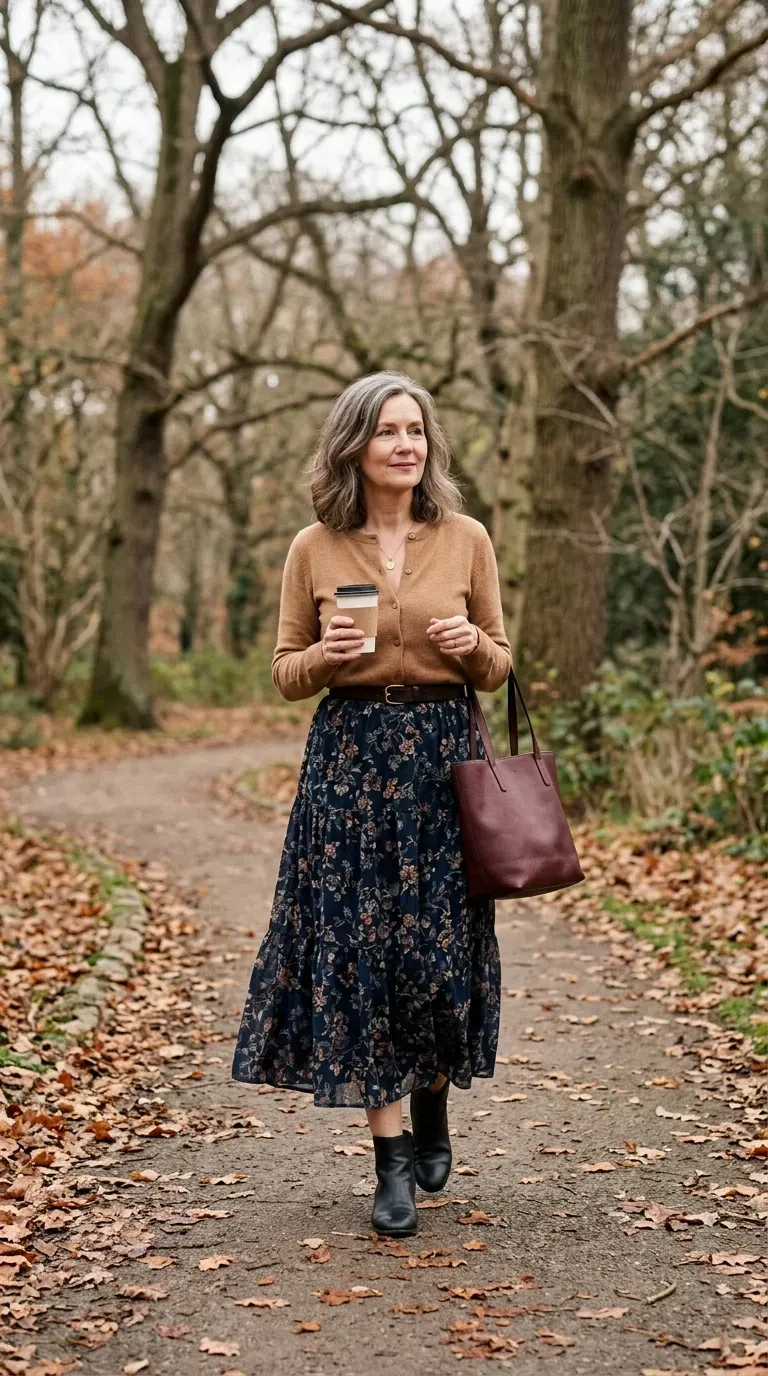 Woman over 50 in dark floral tiered skirt and camel cardigan walking a park path