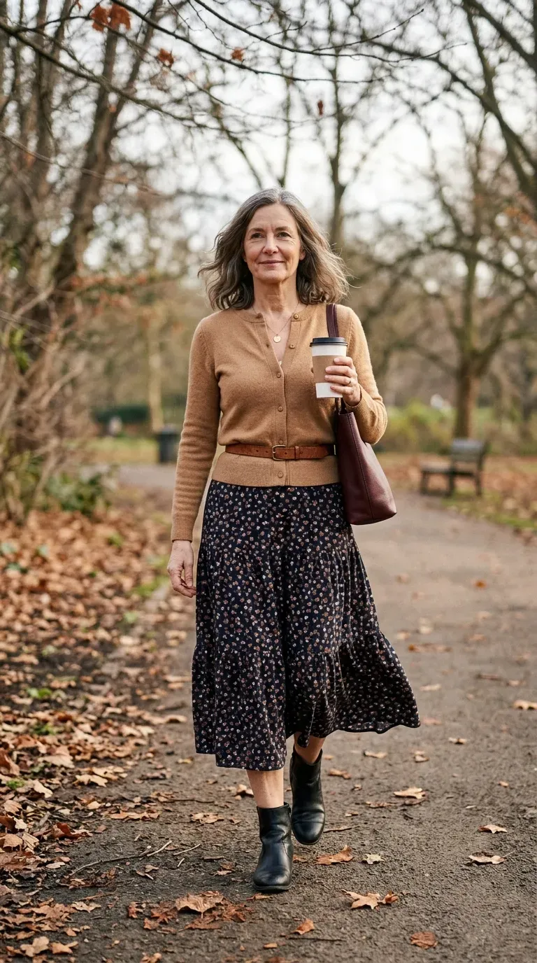 Woman over 50 in dark floral tiered skirt and camel cardigan walking a park path