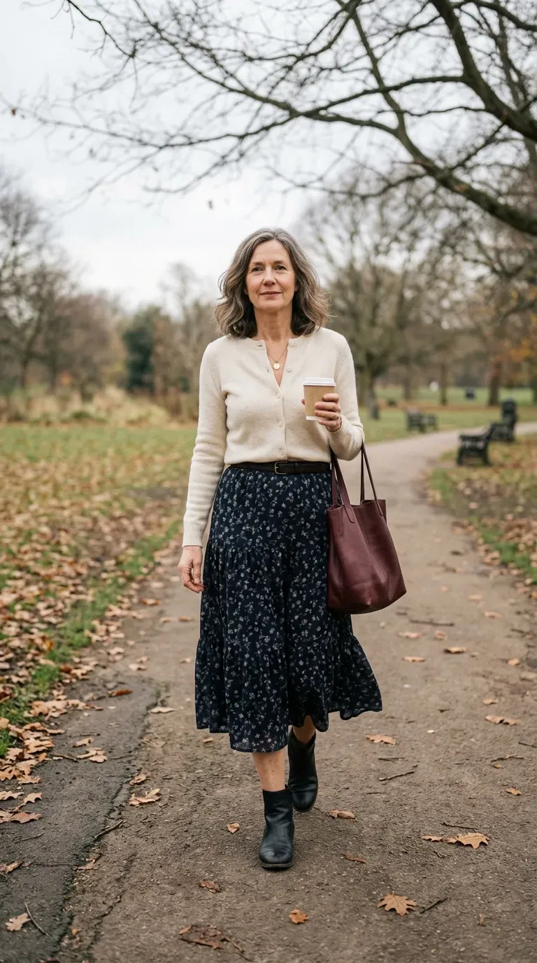 Woman over 50 in dark floral tiered skirt and cream cardigan walking a park path