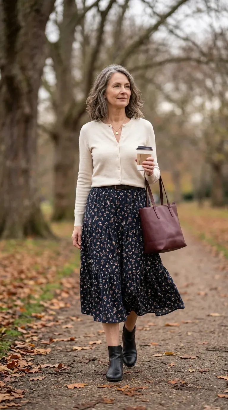 Woman over 50 in dark floral tiered skirt and cream cardigan walking a park path