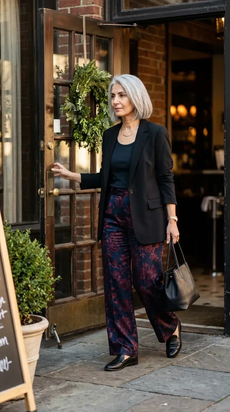 Woman over 50 in dark floral wide-leg trousers and black blazer at a restaurant