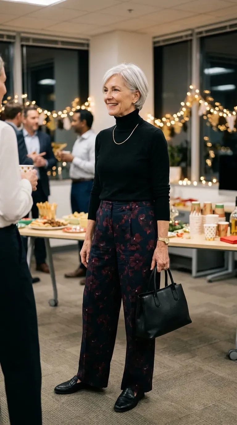 Woman over 50 in dark floral wide-leg trousers and black turtleneck at an office party