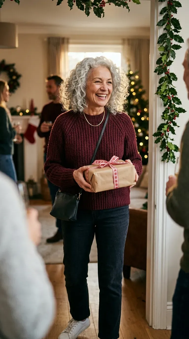 Woman over 50 in dark jeans, burgundy sweater and white sneakers