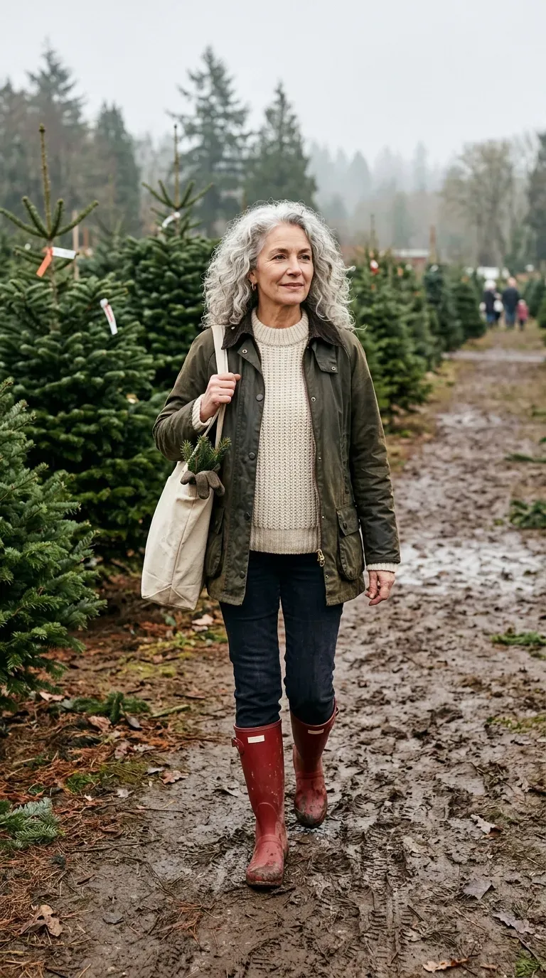 Woman over 50 in dark jeans, chunky cream knit and red wellies at a muddy tree farm